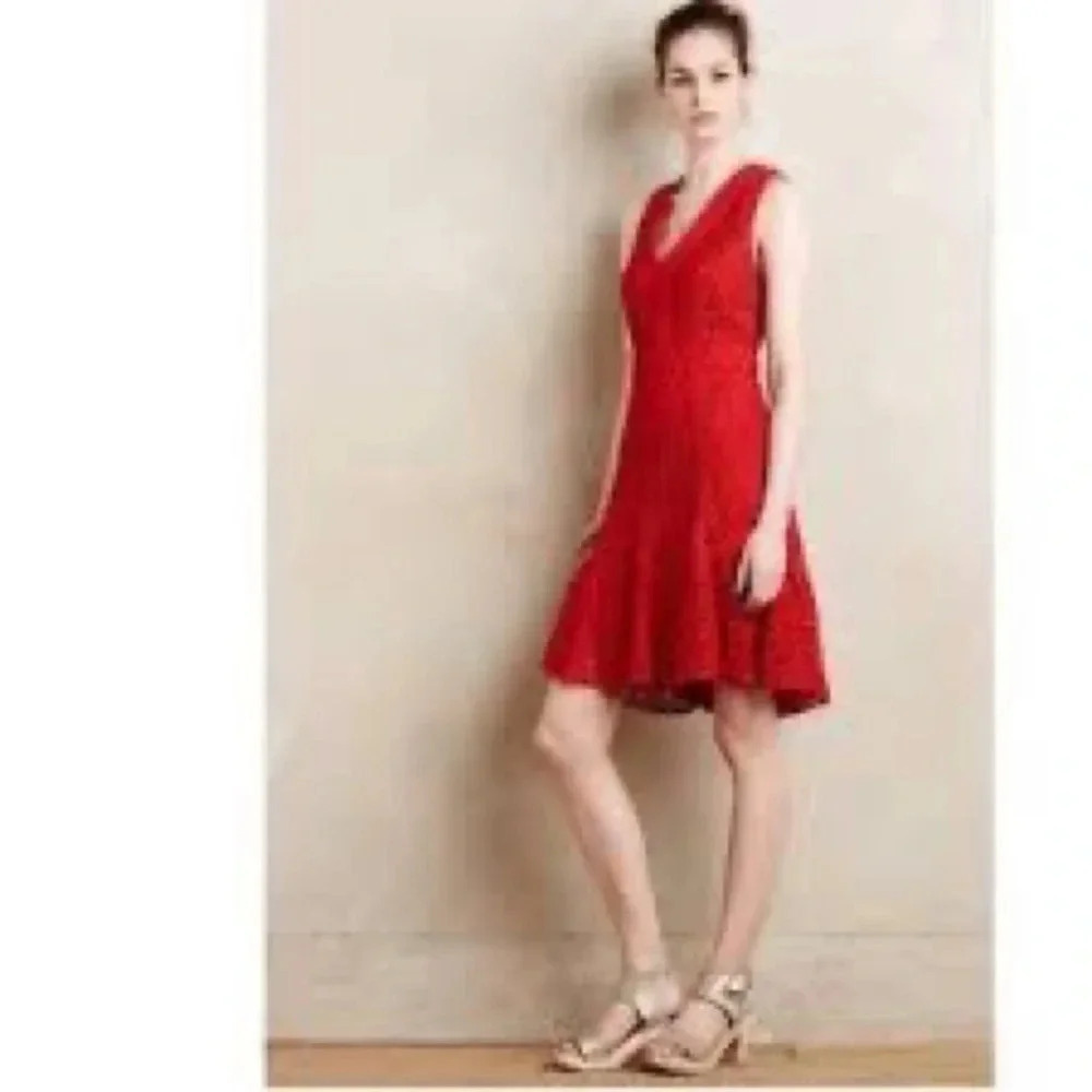 Anthropologie San & Soni, mini flounced red lace dress.Rear zip hookeye closure